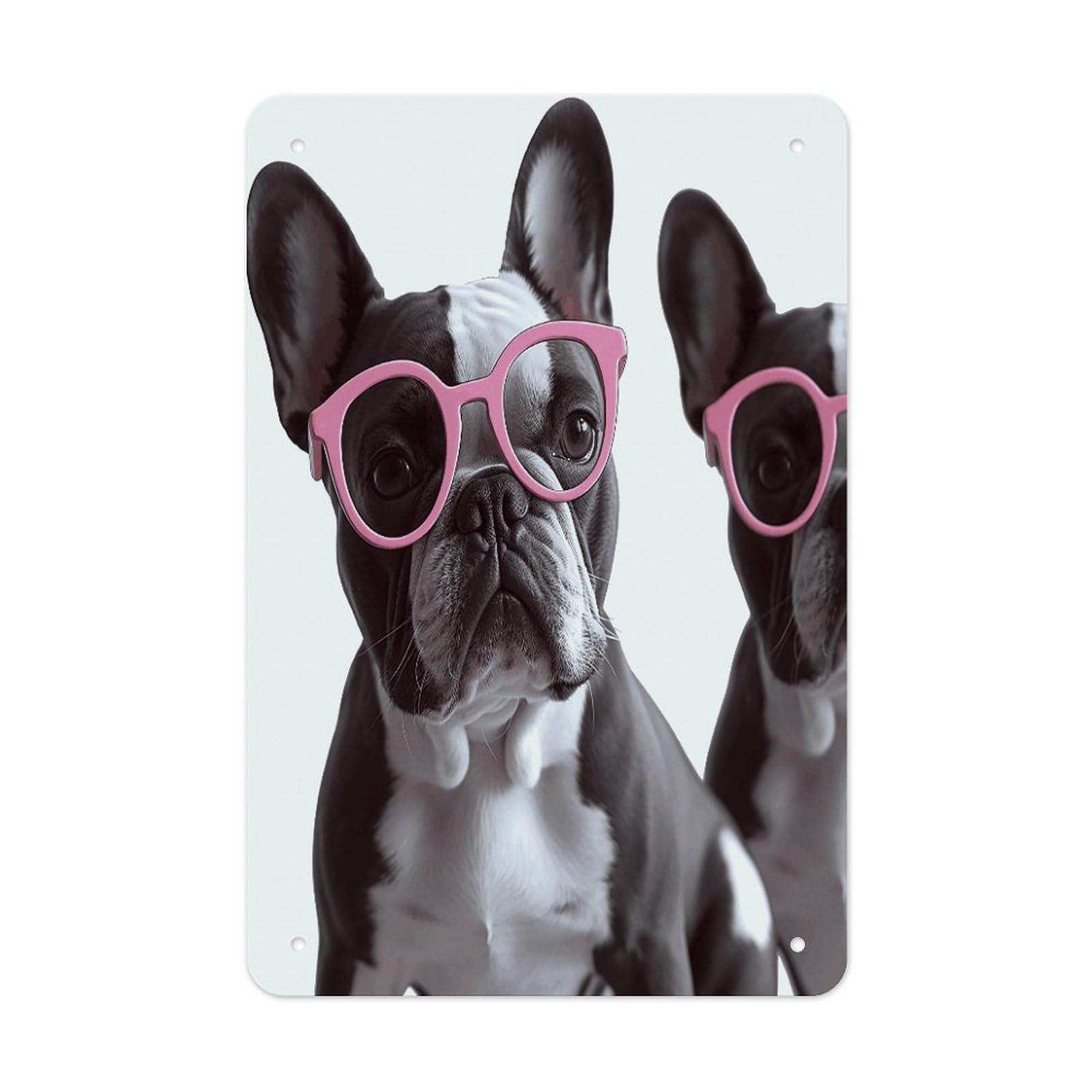 VstaDank French Bulldog Pink Glasses Metal Tin Signs Personalized Wall Art Prints Decoration Art Poster Funny Vintage Tin Sign Iron Sheet Painting Metal Signboard Decor Painting for Wall Decor