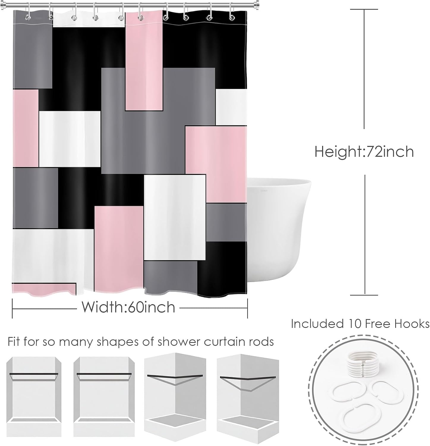 HVEST Modern Pink Shower Curtain with Hooks, Grey Black and White Abstract Geometric Shower Curtain for Bathroom, Mid Century Minimalist Bathroom Decor Curtains, 60W X72L inches