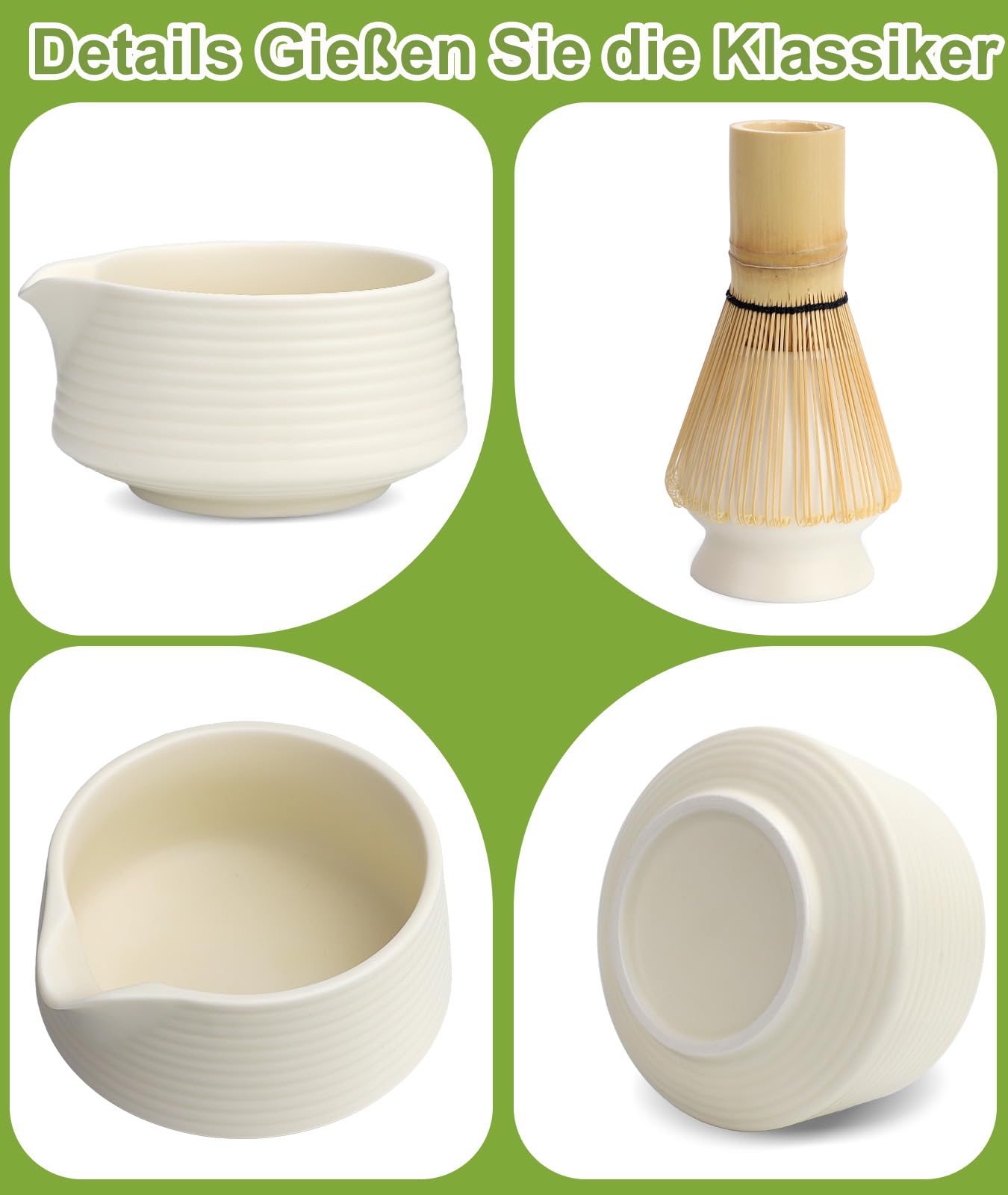 JBER Zestaw do matcha 7-Częściowy - Bambusowy mikser do matchy, ceramiczna miseczka z nalewką, sitko do matchy - Kompletny zestaw do herbaty matcha, Beżowy Biały