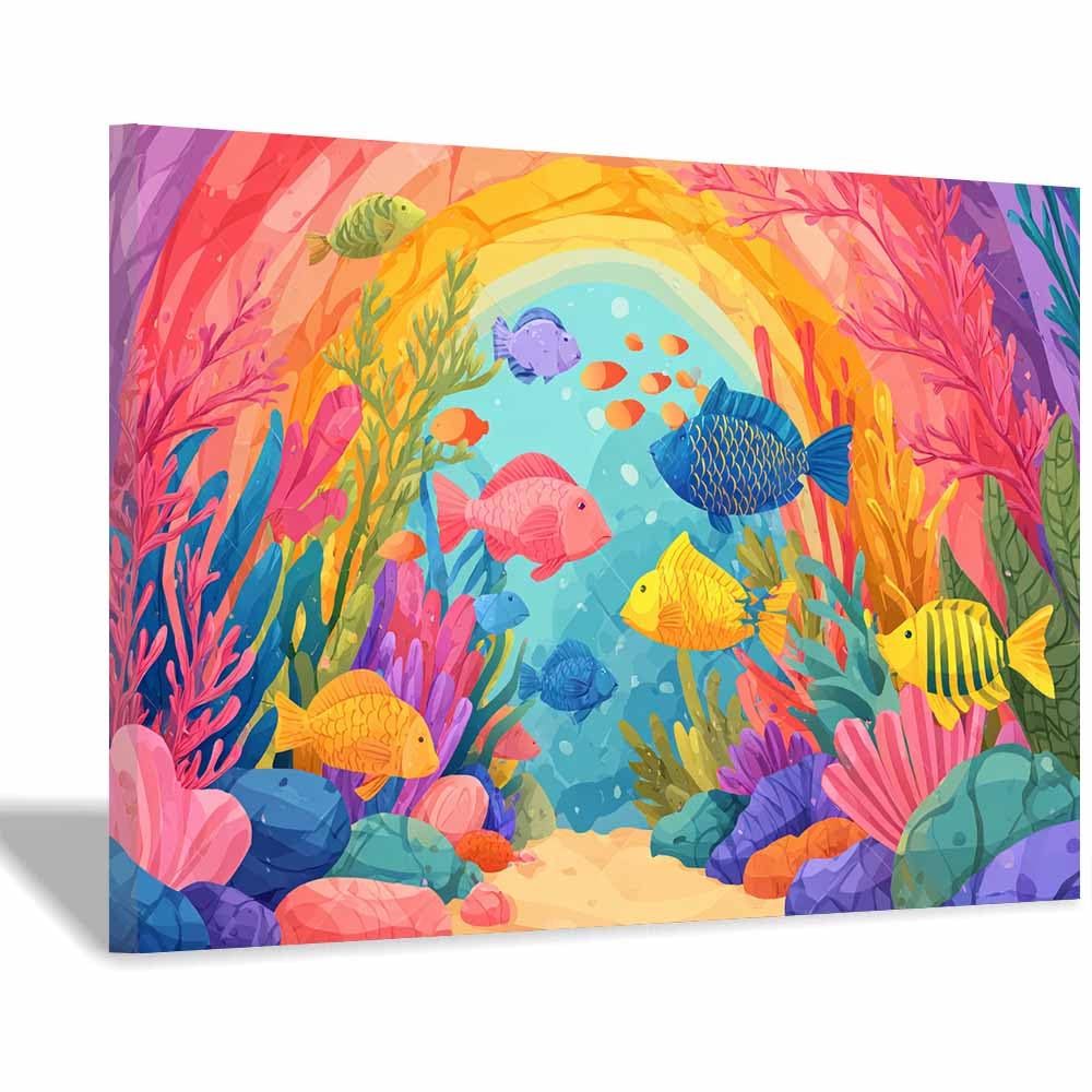HUYEEI Canvas Wall Art Beachs Fish Reef marine animals Seascape Vintage Artwork for Seaside Livings Room Bedroom Bathroom Decor(pink)-60x80cm Framed