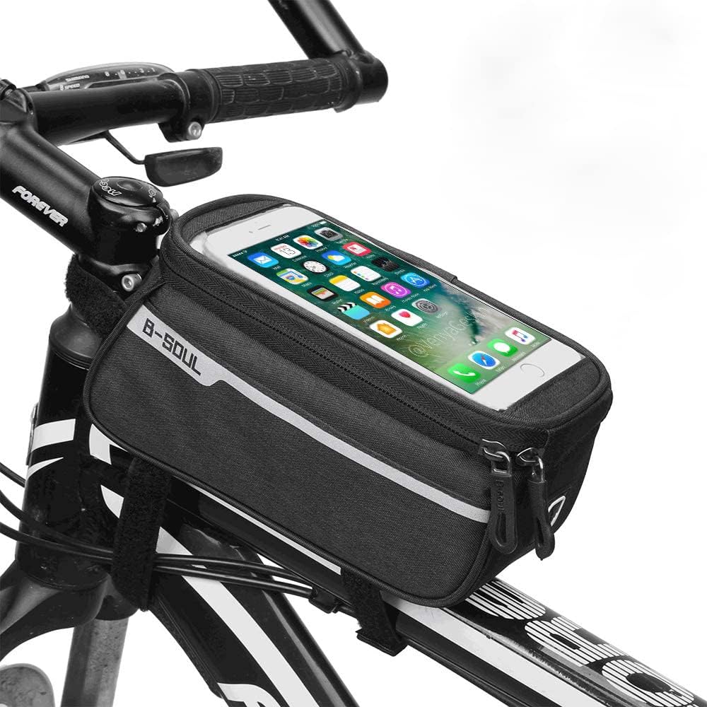 Bike Frame Bag, Bike Top Tube bag, Bicycle Phone Holder Waterproof Front Tube Bag Touch Screen Window With Headphone Hole Suitable for Mountain Bike Road Bike Mobile phone under 6inches - black