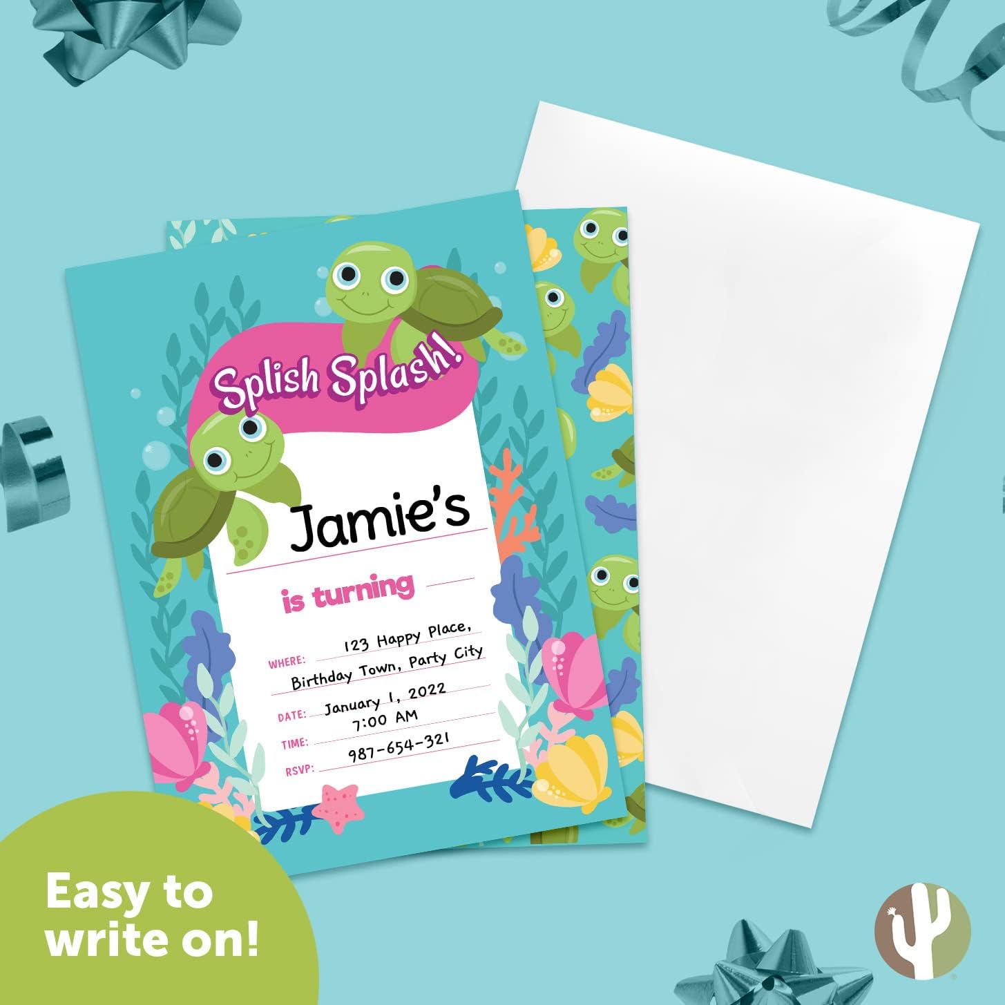 Desert Cactus Turtle Happy Birthday Invitations Design Style 1 Invite Cards (25 Count) with Envelopes Boys Girls Kids Party (25ct)