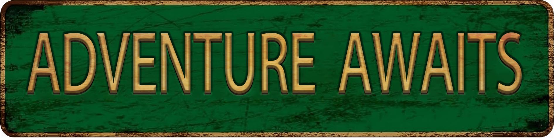 Vintage Metal Tin Sign ADVENTURE AWAITS - 4x16 Inch,Street Sign for Home,Restaurant,Bar,Cafe,Garage - Retro Wall Decor Plaque