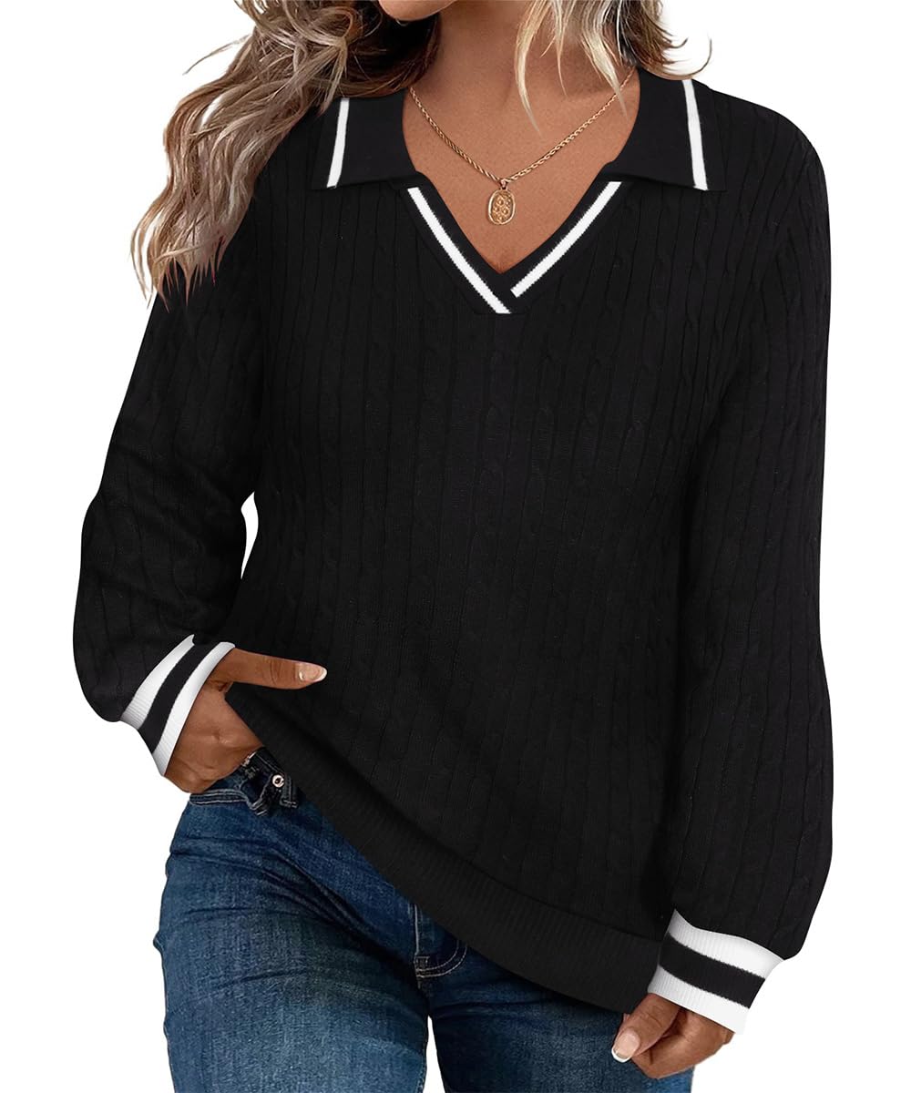 CARCOS Plus Size Sweaters for Women Long Sleeve Pullover Sweaters Lapel Collared Vneck Knit Jumper Tops Fall Winter