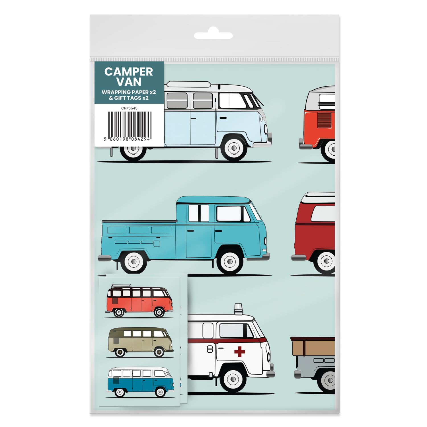 Coach House - Camper Van Wrapping Paper and Gift Tags, 2 Sheets & 2 Tags, When Open the Sheets are 70 x 50 cms and Tags measure 12 x 9.5 cms