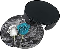 Vista 4 de 6 posavasos redondos de cuero con estampado de rosas color verde azulado, impermeables, con soporte para sala de estar, cocina, bar, 3.9 pulgadas