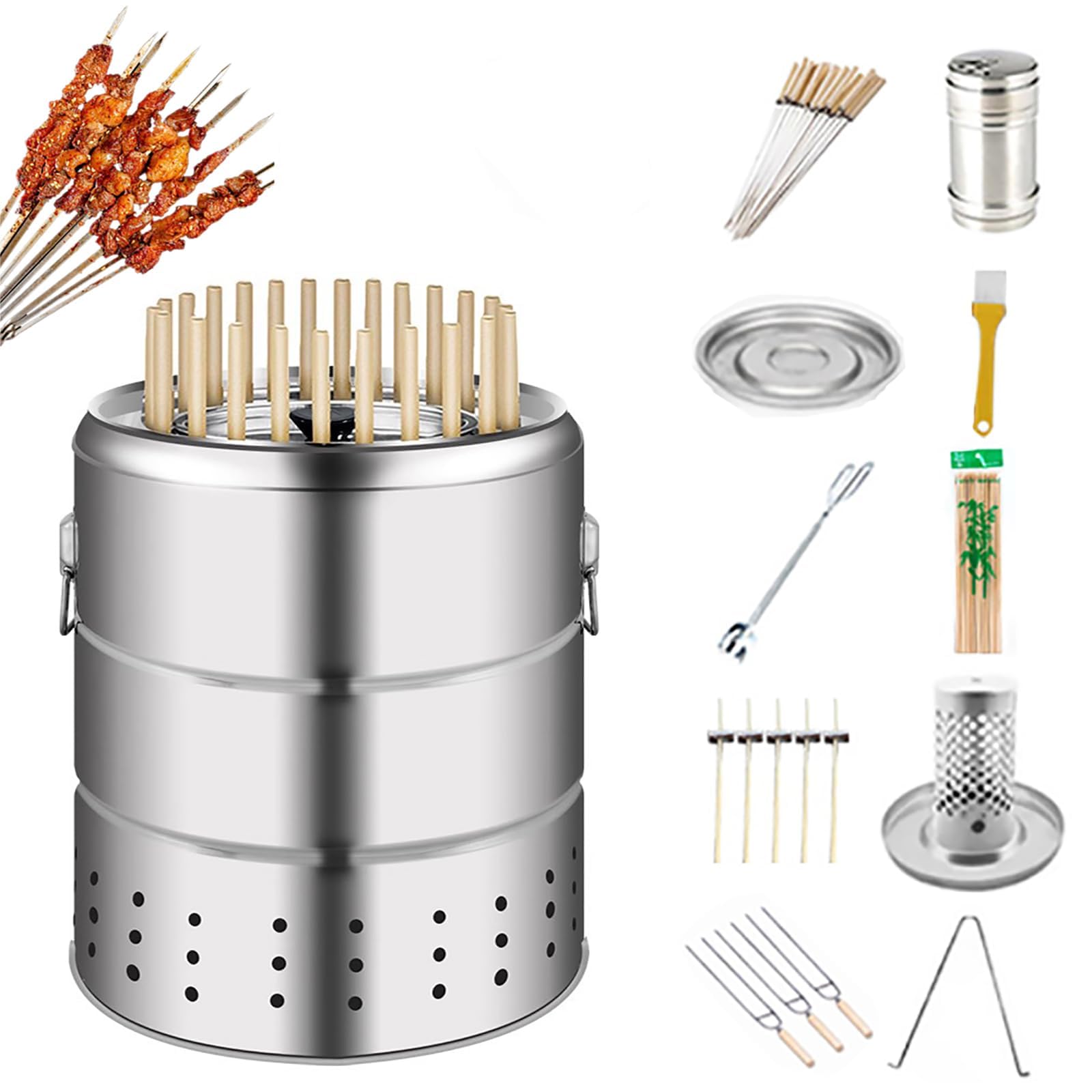 Barbecue portatile a carbone con spiedini | Fusto in acciaio inox a doppio strato con separazione olio-fuoco e circolazione del calore a 360° per cucinare all'aperto
