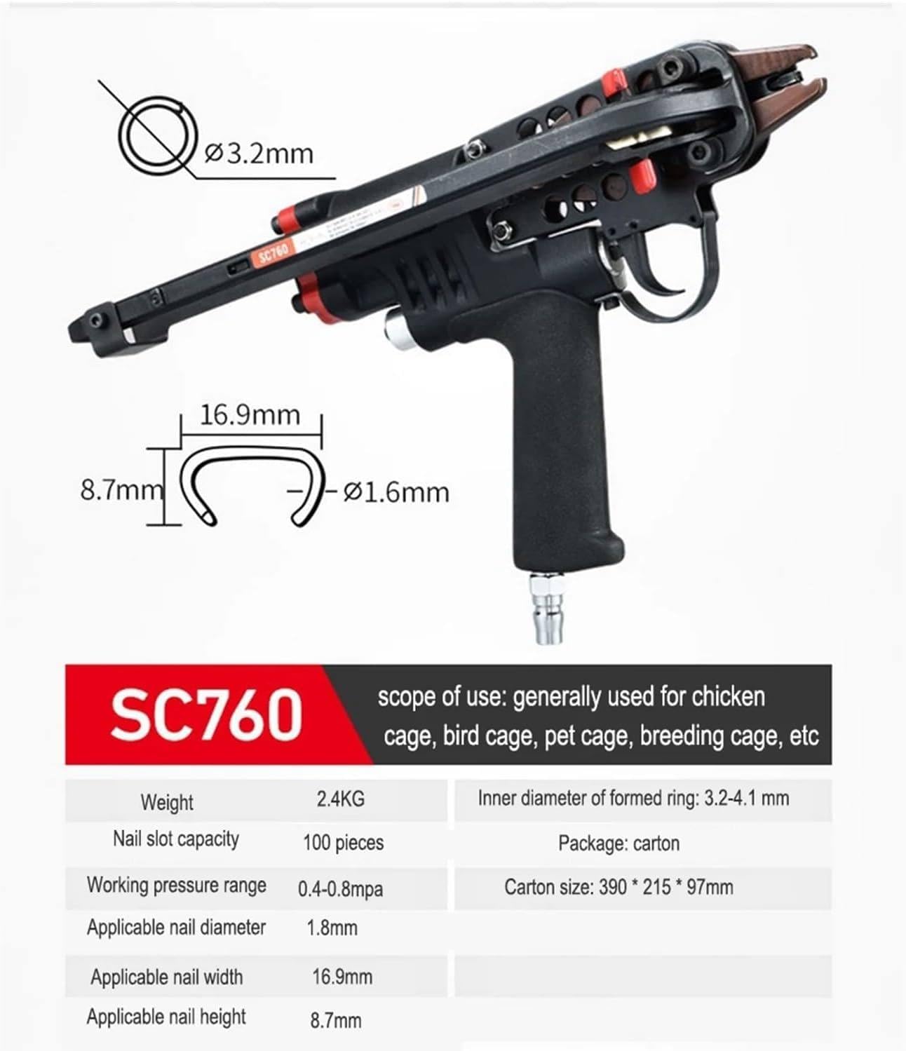Pistolet pneumatyczny, pneumatyczny pistolet do paznokci do obróbki drewna i projektów DIY, narzędzie do gwoździ typu C do klatek drucianych, wysoka wydajność