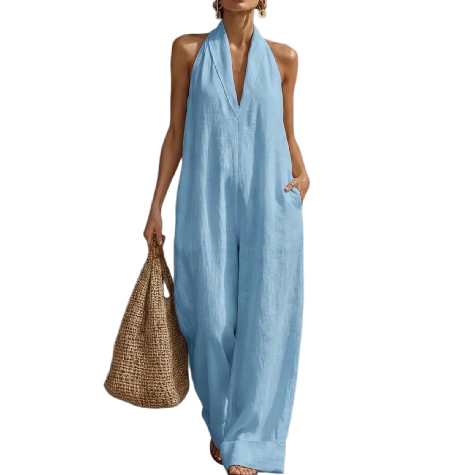 Mono de lino para mujer con cuello halter y pernera ancha 7