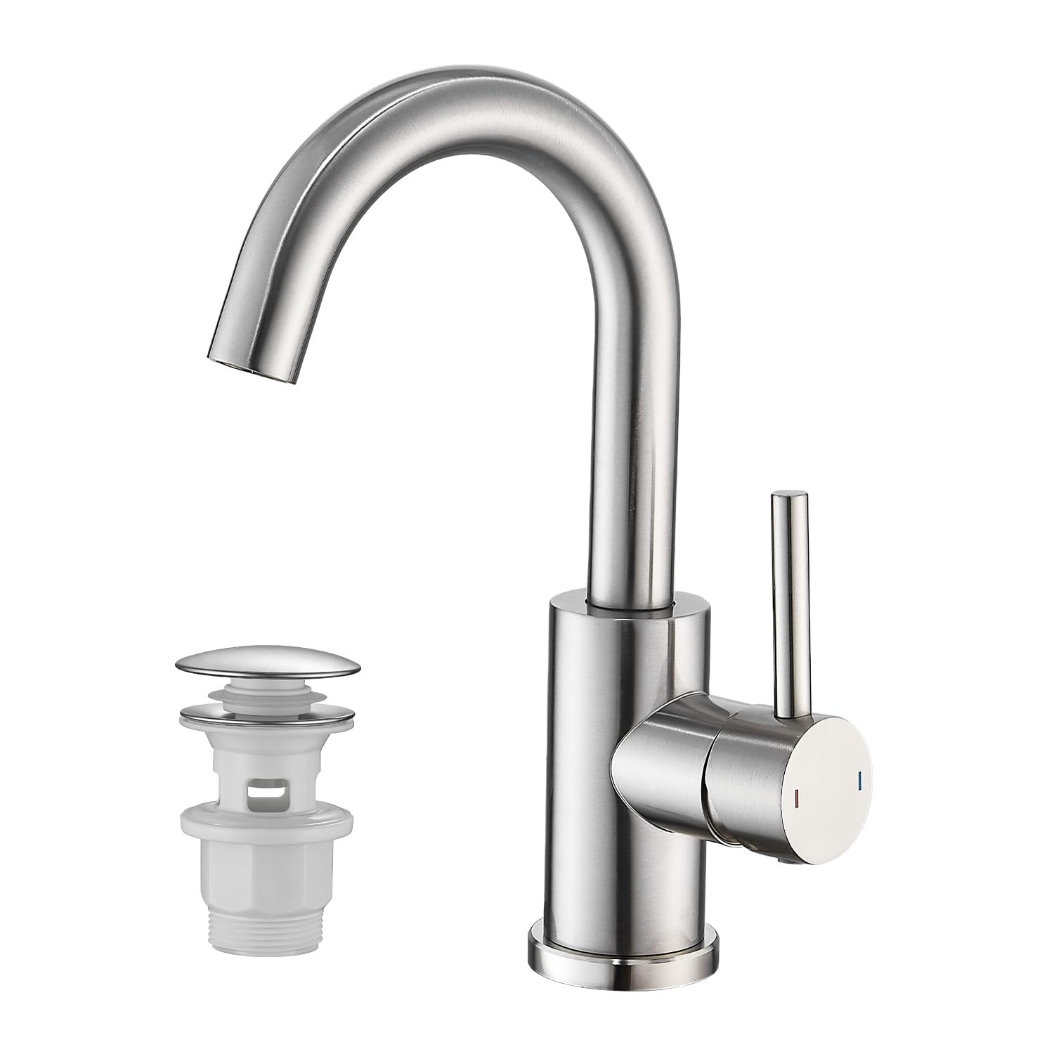 Rubinetto da bagno alto con piletta di scarico, spazzolato | Miscelatore monocomando girevole a 360°, rubinetto per lavandino in acciaio inox