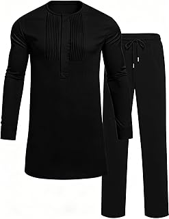 Mens African 2 Piece Set Nigerian Dashiki Traditional Suit Pleated Snap Button Shirts and Pants Outfit