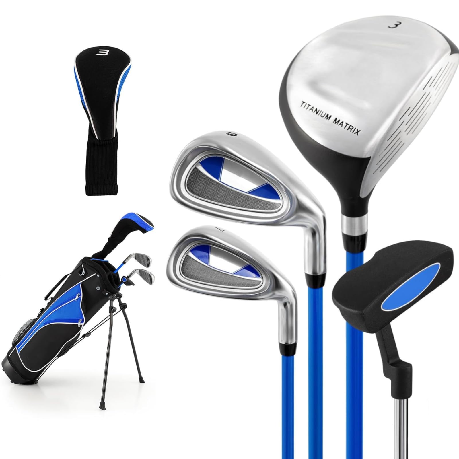 Maxmass Junior Golf Club Set, Kids Complete Golf Set with 3# Fairway Wood, 7# & 9# Irons, Putter, Head Cover and Stand Bag, Children Beginners Practice Pole (11-13 Years Old)