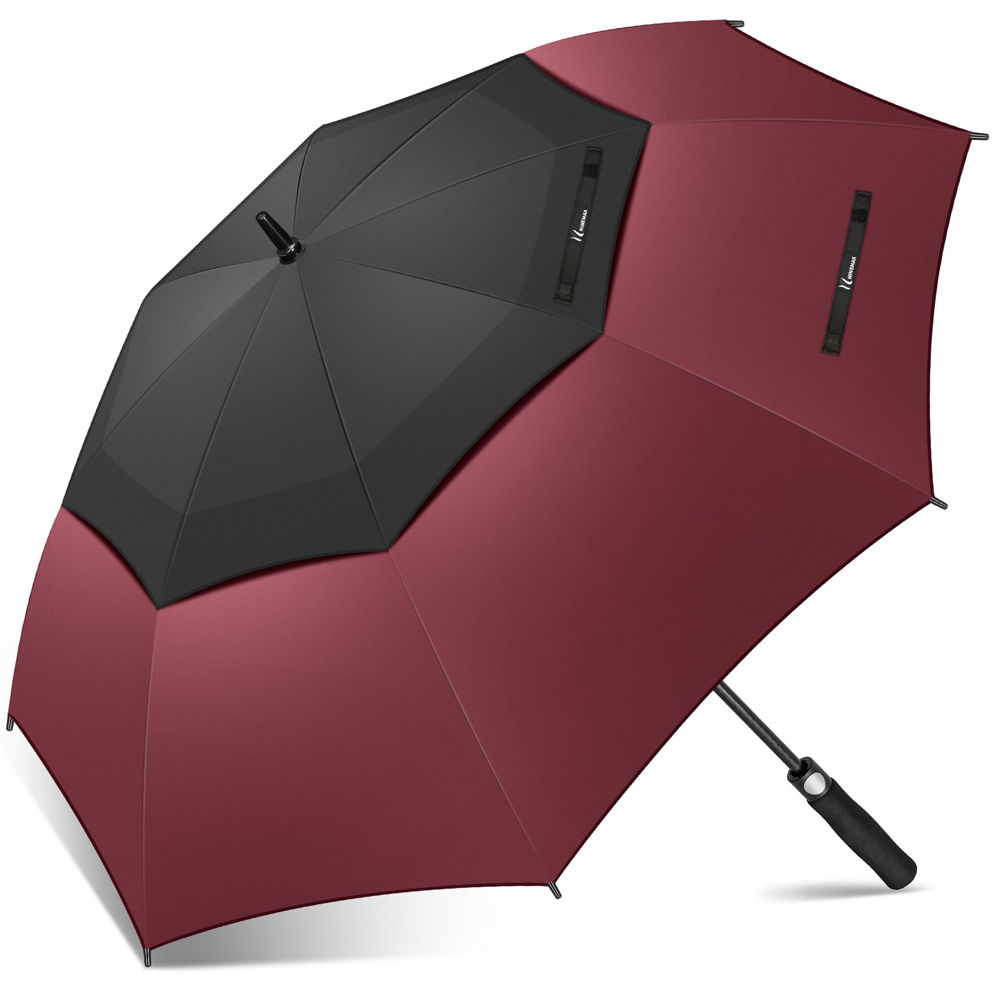 NINEMAX Golf Umbrella Windproof and Rainproof 62inch, Large Umbrella Double Canopy, Golfing Brolly Heavy Duty Unbreakable for Men Women(Black/Burgundy)
