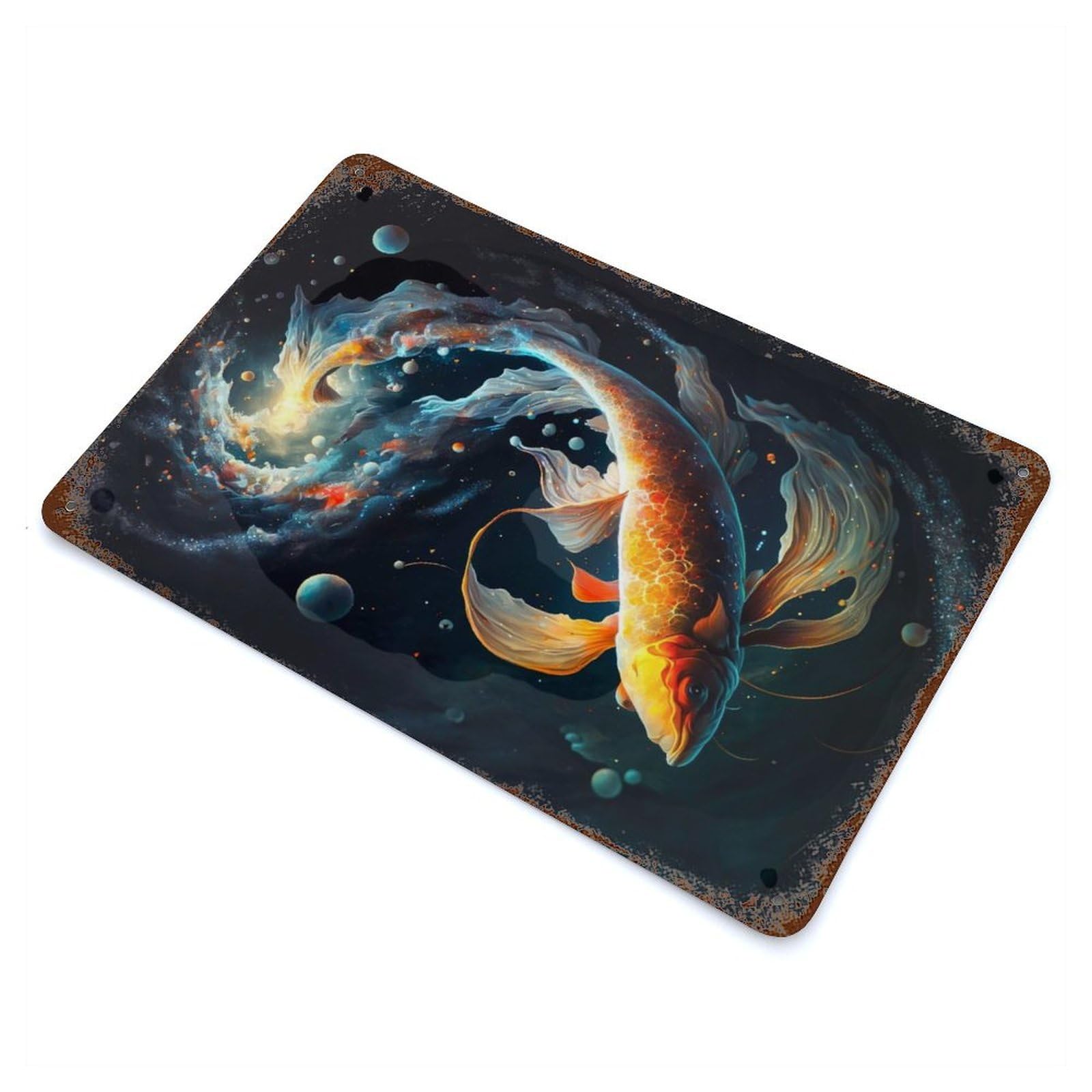 Cosmic Koi 7 Rustic Tin Plaque 11.8"x7.9", Ideal for Cafe, Home Bar And Lounge Decor