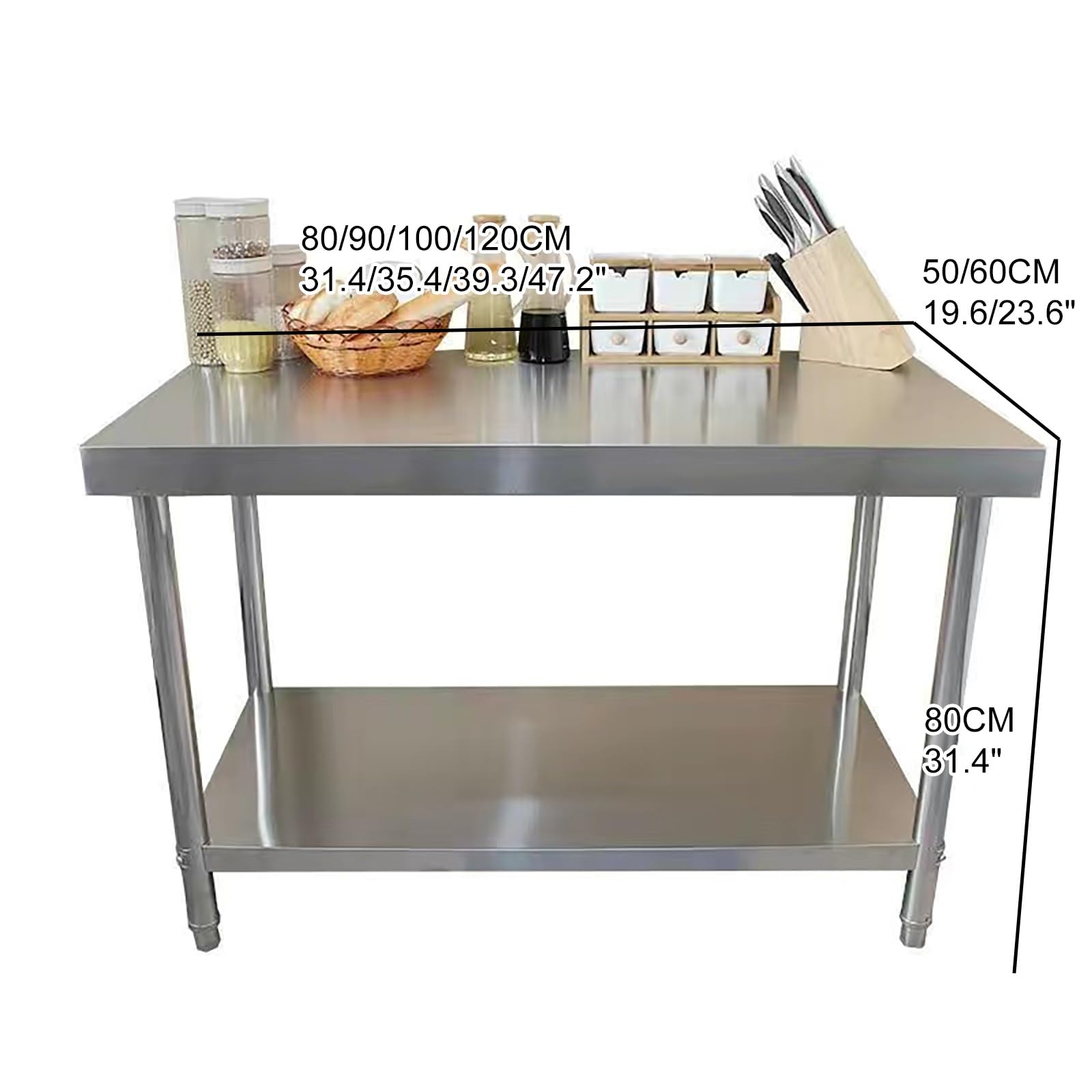 Stół ze stali nierdzewnej do kuchni, restauracji i gastronomii, metalowy stół roboczy z 2 półkami, 80 x 60 cm, do domowego garażu i ogrodu