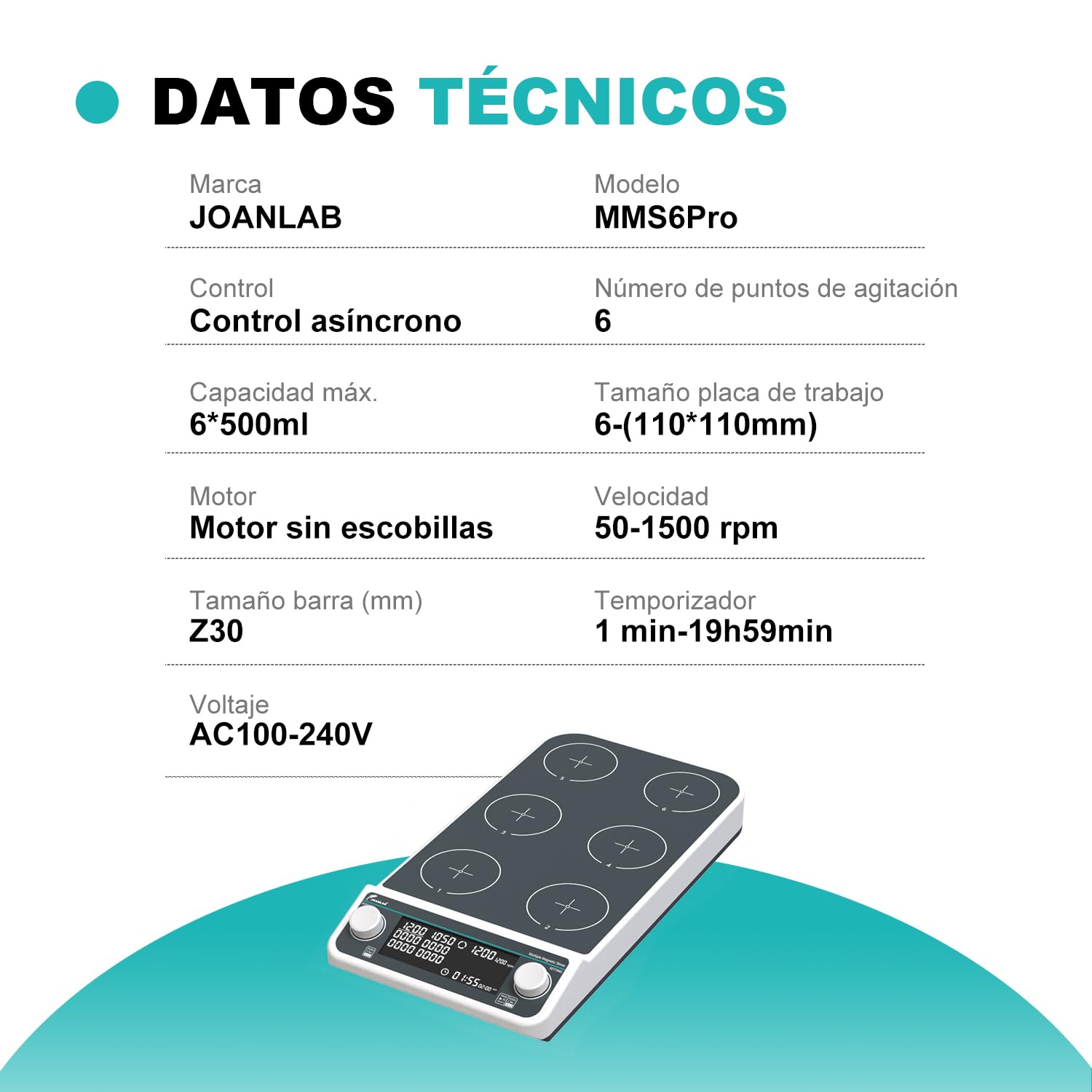 JOANLAB Agitador Magnético Digital 6 Posiciones, Modos Sinc/Asinc, 50-1500 RPM, Temporizador, Capacidad 6x500 ml, para Laboratorio(MMS6PRO)