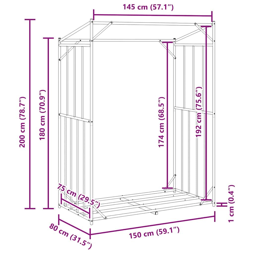 vidaXL Leñero con Protector de Lluvia 150x80x200 cm Acero galvanizado, Almacenamiento de leña, Soporte para leña para Chimenea, Almacenamiento de leña para Interior