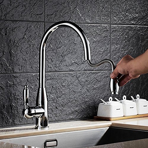 Latón cepillado Chromel del fregadero de cocina del eslabón giratorio único agujero grifos, mezcladores y grifos con la extracción en la cabeza de ducha,