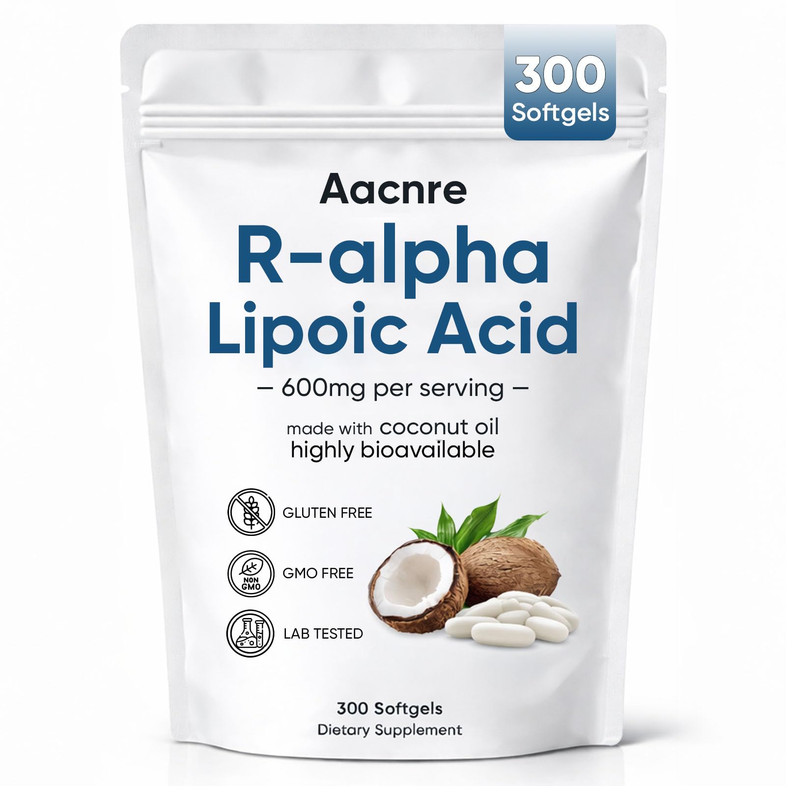 Aacnre Alpha Lipoic Acid 600mg with MCT Oil, Antioxidant Support for Nerve, Energy & Cellular Health, Non-GMO, Vegan, Gluten Free, 300 Softgels
