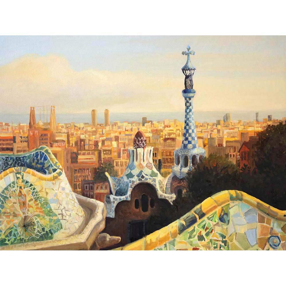 Wee Blue Coo Park Guell Painting Barcelona Art Print Poster Wall Decor 12X16 Inch