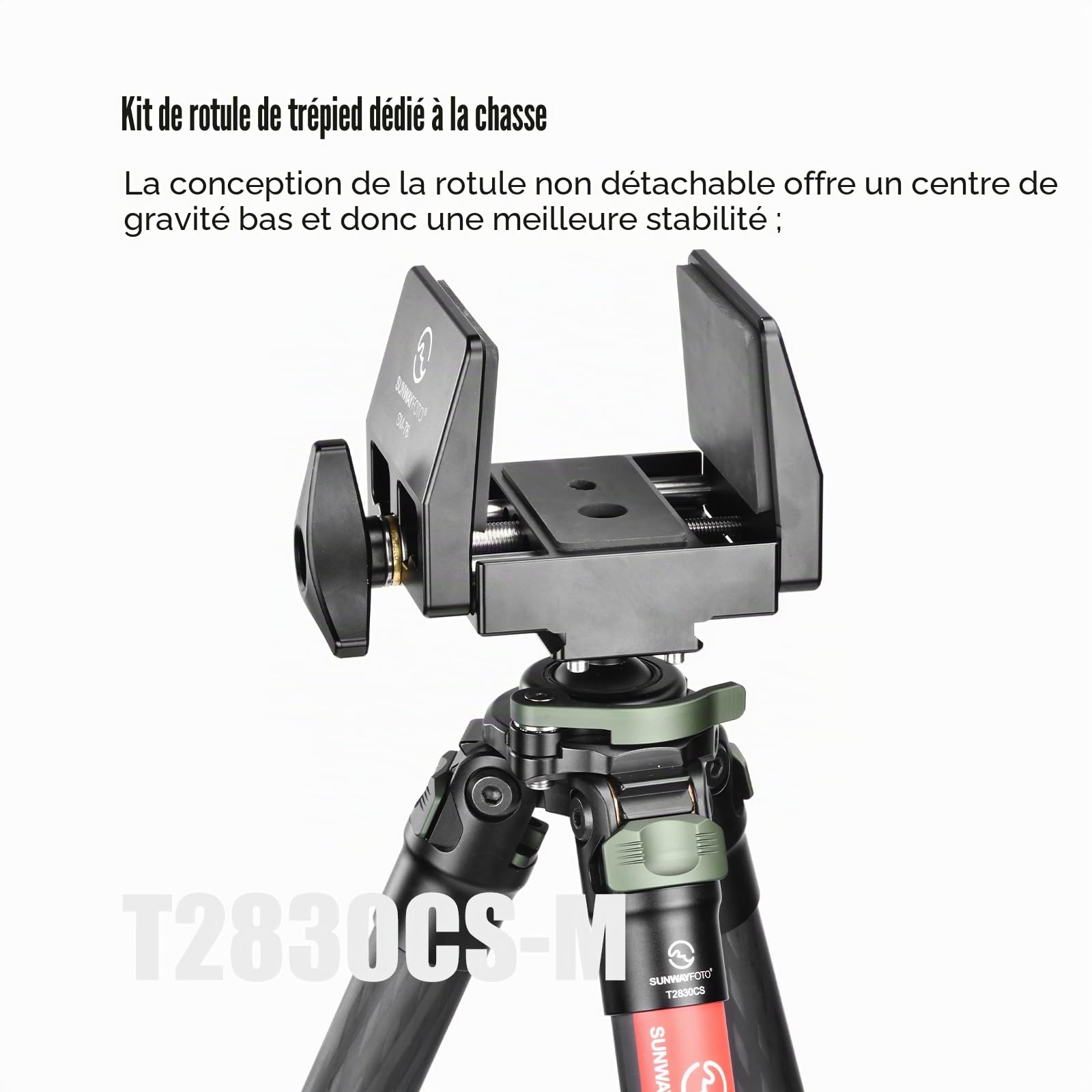 SUNWAYFOTO Trépied de chasse T2830CS-M en fibre de carbone pour fusil, avec tête sphérique et support de selle, charge 20 kg.