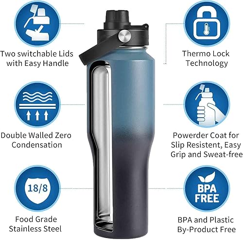 Miniatura 10 de Botella de agua de acero inoxidable de 32 onzas con tapa con pajilla, botella de agua negra aislada al vacío, botella de agua para niños, doble