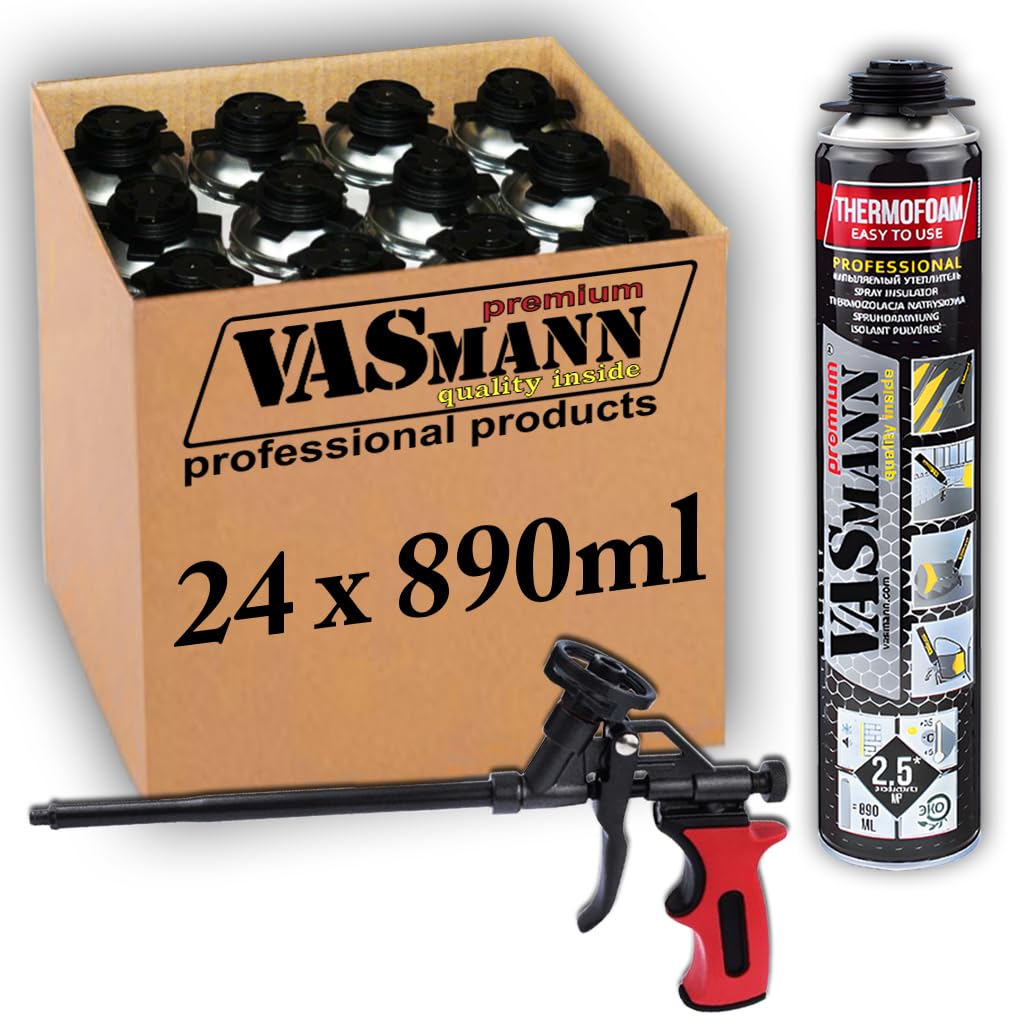 24x890ml PU-Sprühdämmung & Sprühisolierung – Effektive Wärmedämmung für Dach, Kellerdecke & Wände | Vielseitige Alternative zu EPS / XPS Dämmplatten (60m2+Pistole, 24)