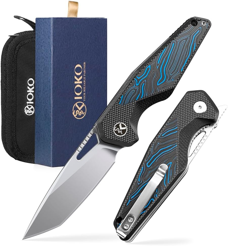 ioko Tactical Folding Pocket Knife, 3.5 inch 14c28n steel,G10 Handle with Wood Grain Pattern, Small EDC knife with pocket clip, sharp camping hiking knife (Blue & Black)
