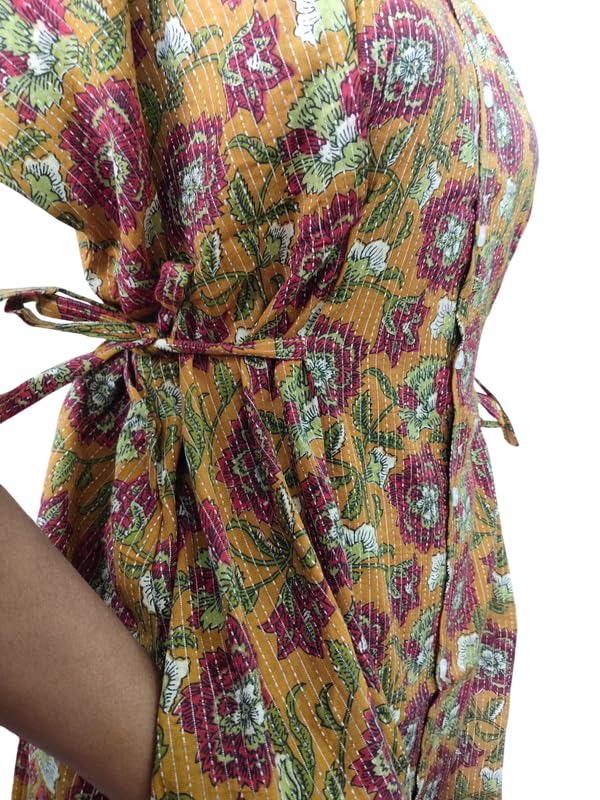 Image of Women's Cotton Full Front Open Dress | Mandarin Collar Button-Down | Darted Waist with Multi Tie-Up | Calf Length | Maternity, Feeding, Elderly & Hospital Wear | Sizes L-3XL