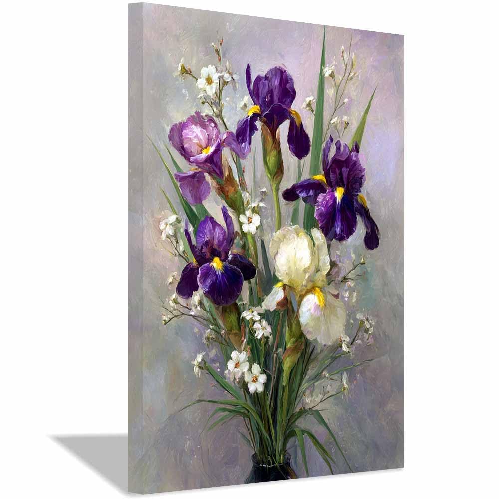 Xeniou Multicolor Flowers Canvas Purple Irisees Vase Painting Canvas Wall Art, For Bedroom Bathroom Living Room Home Wall Decor(Multicolor)-70X100cm Framed