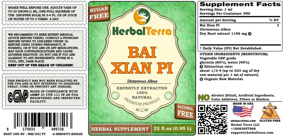 Bai Xian Pi (Dictamnus Albus) Glycerite, Dried Roots Alcohol-Free Liquid Extract (Brand Name: HerbalTerra, Proudly Made in USA) 32 fl.oz (0.95 l)