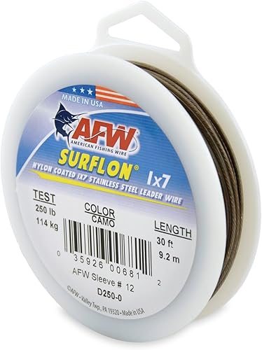 Miniatura 48 de Alambre de pesca americano Surflon recubierto de nailon de 1 x 7 pulgadas, línea líder de pesca para agua salada, prueba de 10 libras, prueba de 250