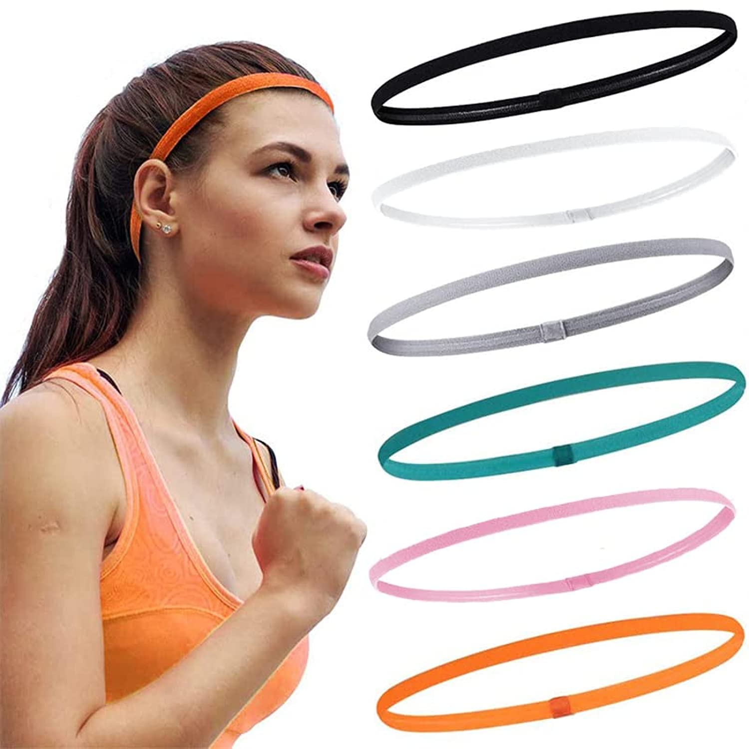 6 Pieces Thick Non-Slip Elastic Sport Headbands, Elastic Silicone Grip Exercise Hair and Sweatbands for Yoga