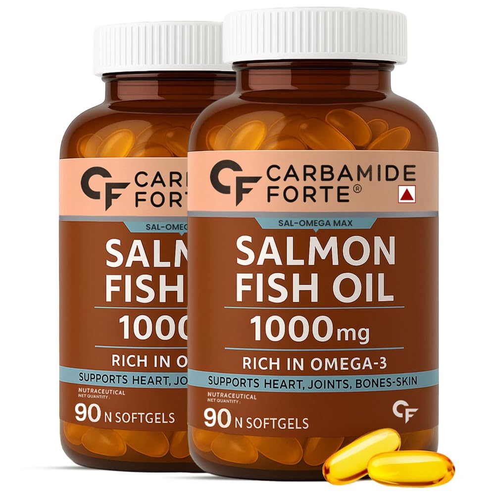Salmon Fish Oil Omega 3 Capsule 1000 mg | 90 Softgel Capsules | EPA 180 mg & DHA 120 mg | Supports Heart, Joints, Bones & Skin (Pack of 2)