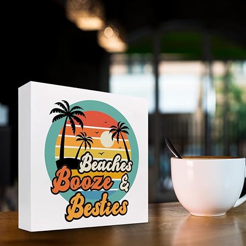 Miniatura 4 de Decoración de escritorio de verano, Beaches Bozze and Besties Retro Sunset de madera de doble cara para decoración de escritorio, caja de madera