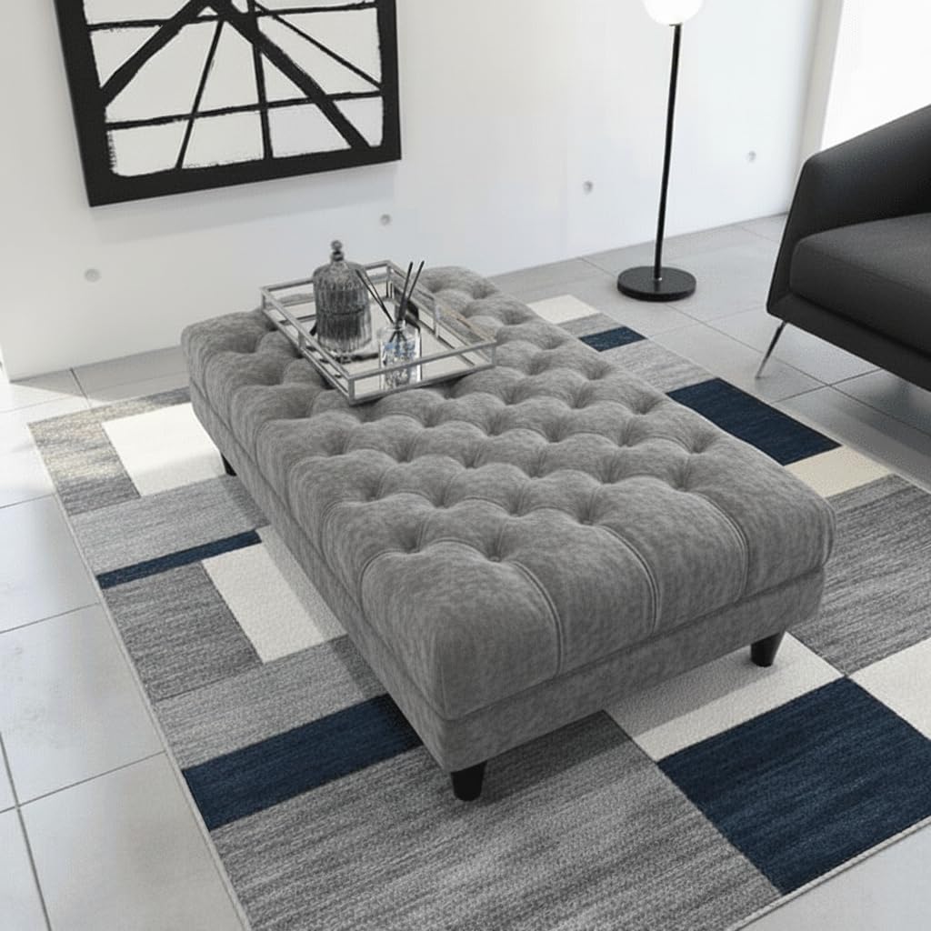 mm08enn Luxury Chesterfield LID Footstool Ottoman Box Pouffe Foot Rest in Plush Fabric and Crushed Velvet Fabric (Grey Plush Fabric)