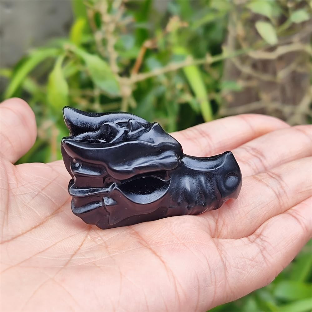 TEAMWILL 2" Natural Obsidian Crystal Dragon Head Statue Realistic Black Dragon Head Figurines Animal Sculpture Stone Statue Decor