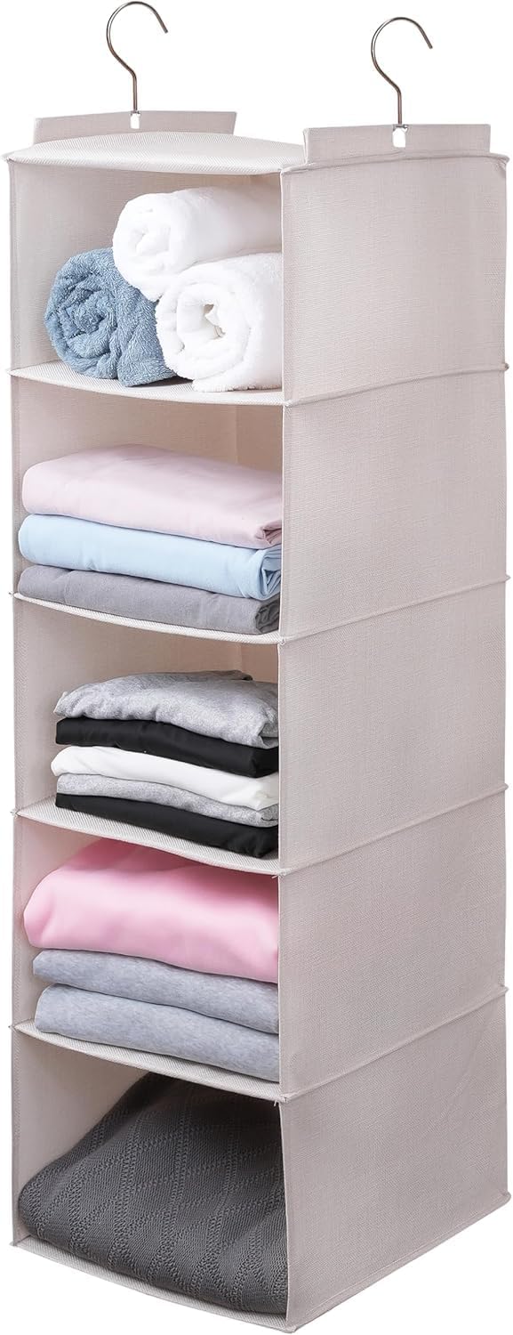 5-Layer Hanging Closet Organizer, Foldable Wardrobe Storage System with Drawers, Beige, Washable Sweater Storage Bag