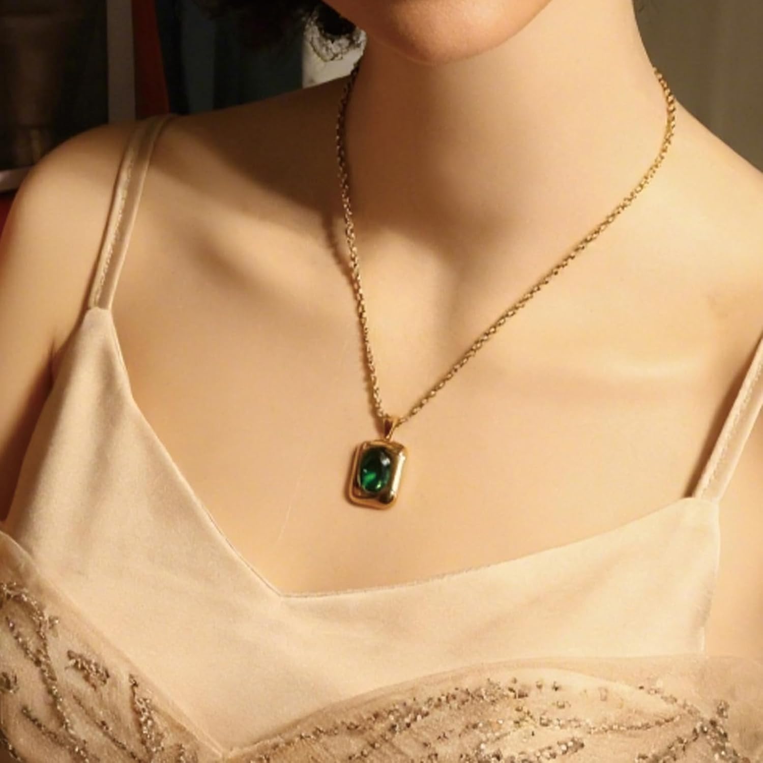 Green Necklace for Women Emerald Necklace Gold Green Stone Pendant Emerald Pendant Chunky 14K Gold Plated Square Jewelry - Image 2