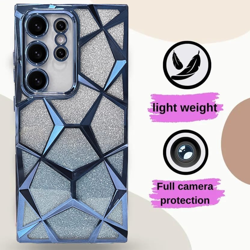 Image of VONZEE Gradient Glitter Clear Case for Samsung S25 Ultra, Luxury Electroplated 3D Cube, Diamond Bling Shiny Soft TPU Clear Shockproof Women Girls Protective Phone Cover (Sierra Blue)