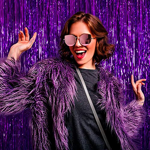 Image of 4 Pack Purple Foil Fringe Curtain Backdrop, 3.28Ft x 8.2Ft Metallic Tinsel Foil Fringe Streamer for Party, Photo Booth Props, Birthday, 2022 Graduation Decoration Party Supplies