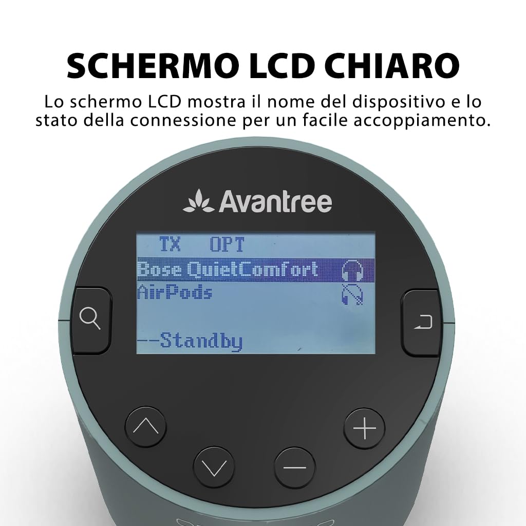 Avantree Orbit Pro - Trasmettitore e Ricevitore Audio Bluetooth TV, Adattatore 5.1 Surround PassThrough, Telecomando per Volume, Nessun Ritardo Labiale, Schermo LCD Lungo Raggio Classe 1