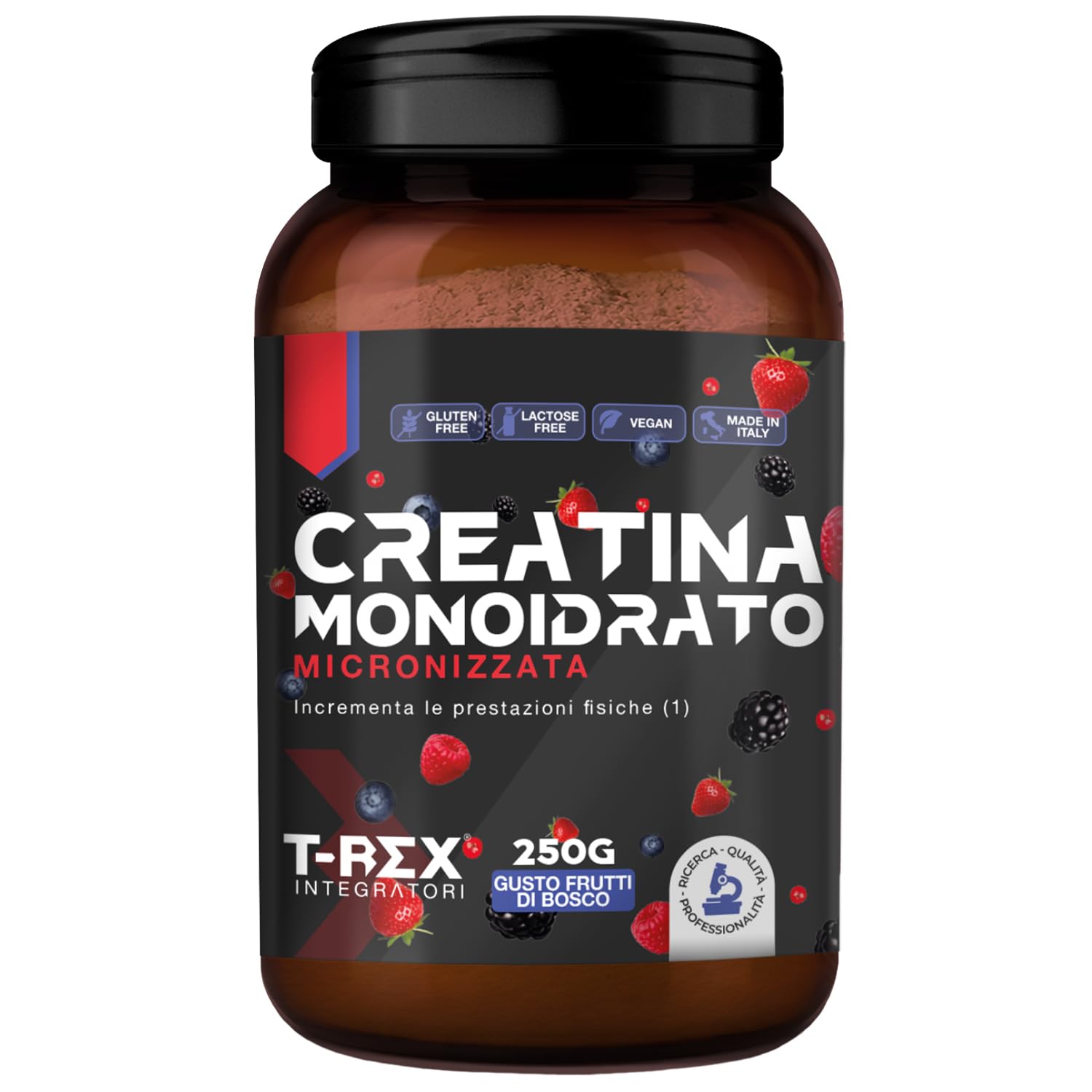 T-Rex Integratori Creatina Monoidrata Micronizzata - Integratore alimentare per massa muscolare e boost energetico pre workout (Frutti di Bosco, 250 g (Confezione da 1))