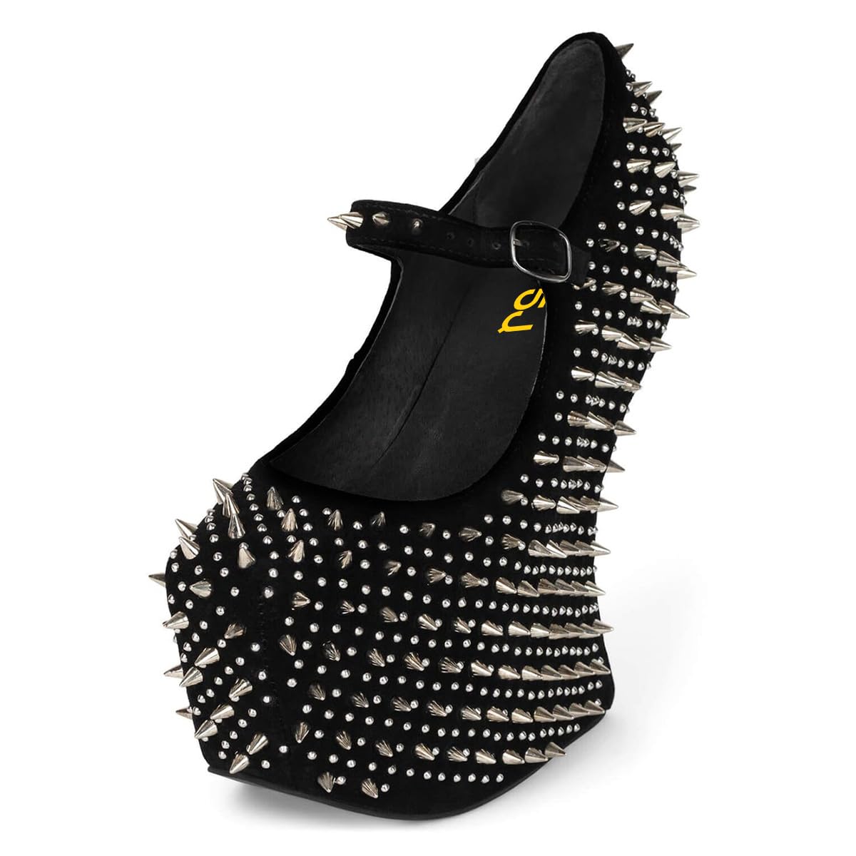 FSJ Women Spikes Wedge Heel Pumps Rivet Studded Covered Ultra High Platform Closed Round Toe Ankle Strap Shoes for Sexy Party Events Size 4-16 US
