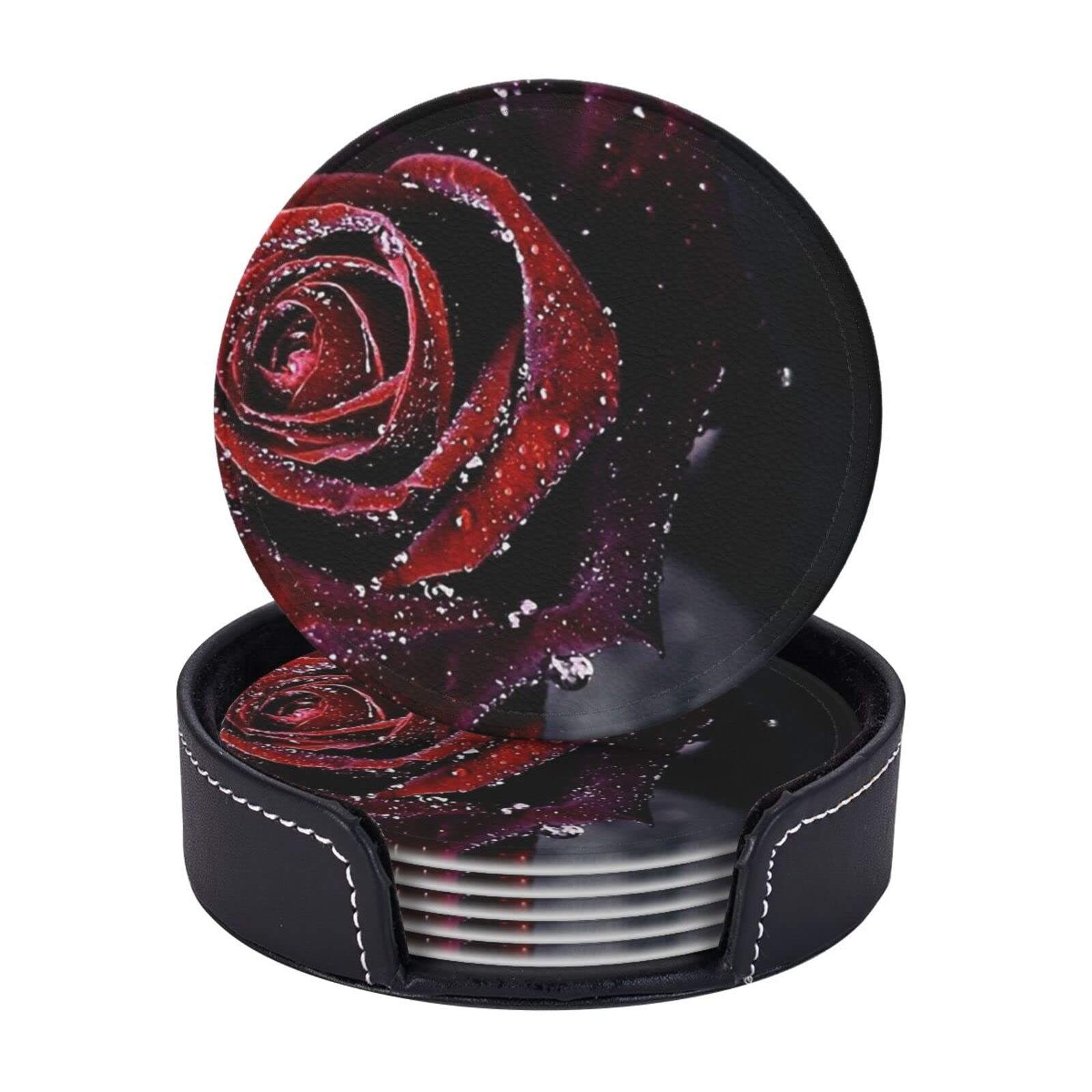 Dew Rose Printed Drink Coasters with Holder Leather Coasters Set of 6 Tabletop Protection Decorate Cup Mat for Coffee Table Bar Kitchen Dining Room
