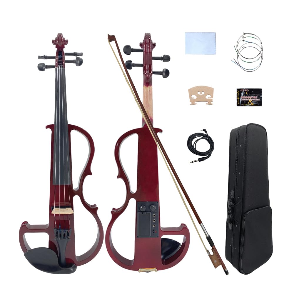 Violino elettrico 4/4 full-size, legno di noce, tastiera in ebano, Pro Deluxe, custodia rigida con arco di crine di cavallo mongolo con 4 corde, sessioni di pratica silenziose per