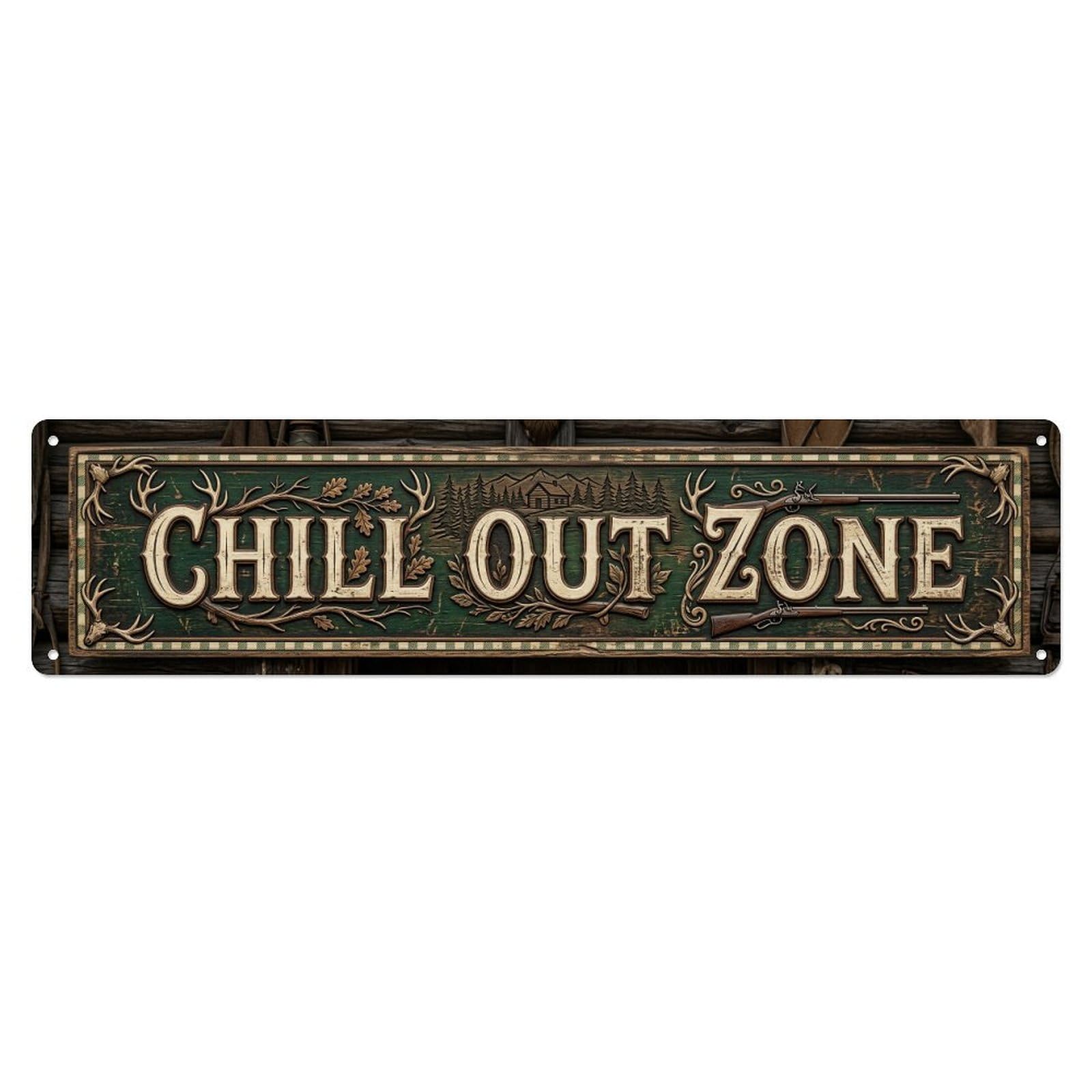 Chill Out Zone Worn Lodge 4 Metal Tin Skinny Sign Plaque Wall Decor for Cafe, Club Bar, Office, Home Garden Metal Poster 4x16Inch