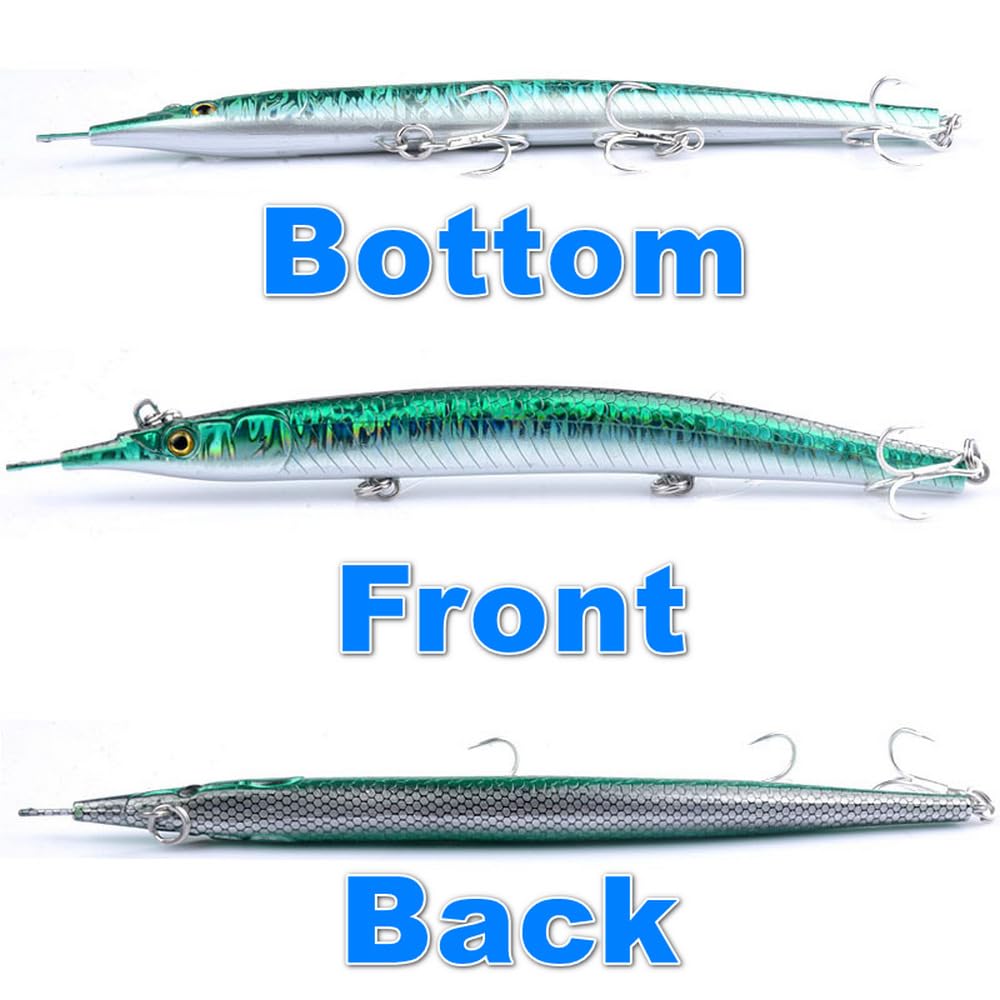 Atlantic Needlefish Jerkbait coulant avec hameçons triples pour la pêche en mer (18 cm, 64 g, 6 options de couleur)