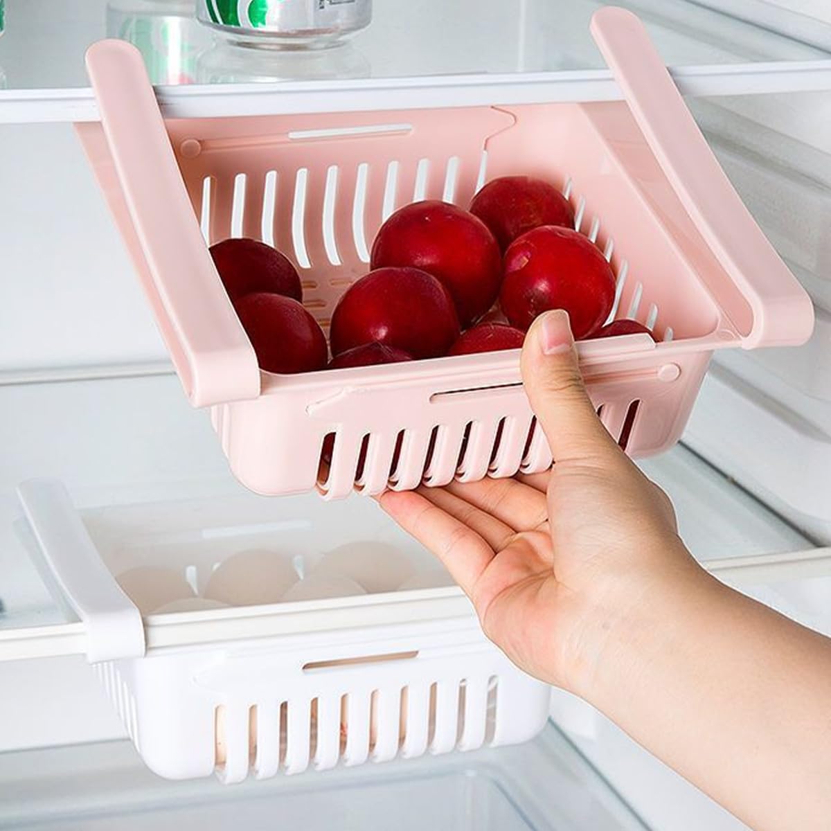 BUYGOO Cassetti Frigo per Frigoriferi 4PZ Contenitori Frigorifero Salvaspazio Set Organizer Estensibile per Frigorifero Ripiano Regolabile Cassetto Frigorifero Estraibile Cestini per Frigorifero