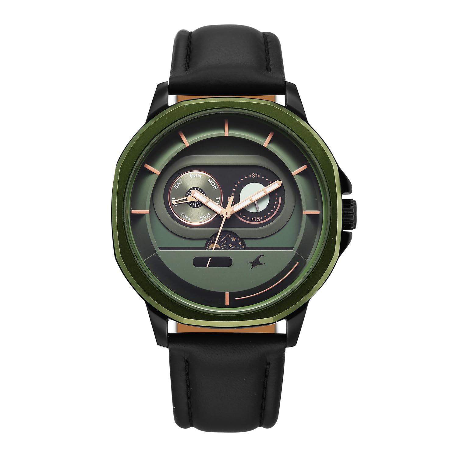 Fastrack Street Opulence Sun Moon Multifunction Quartz Analog with Green Dial Black Genuine Leather Strap Watch for Men - 3303KL01-image-34